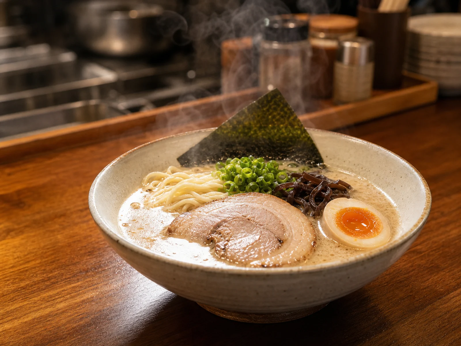 湯気の立つ濃厚鶏白湯ラーメン、チャーシューと味玉のせ