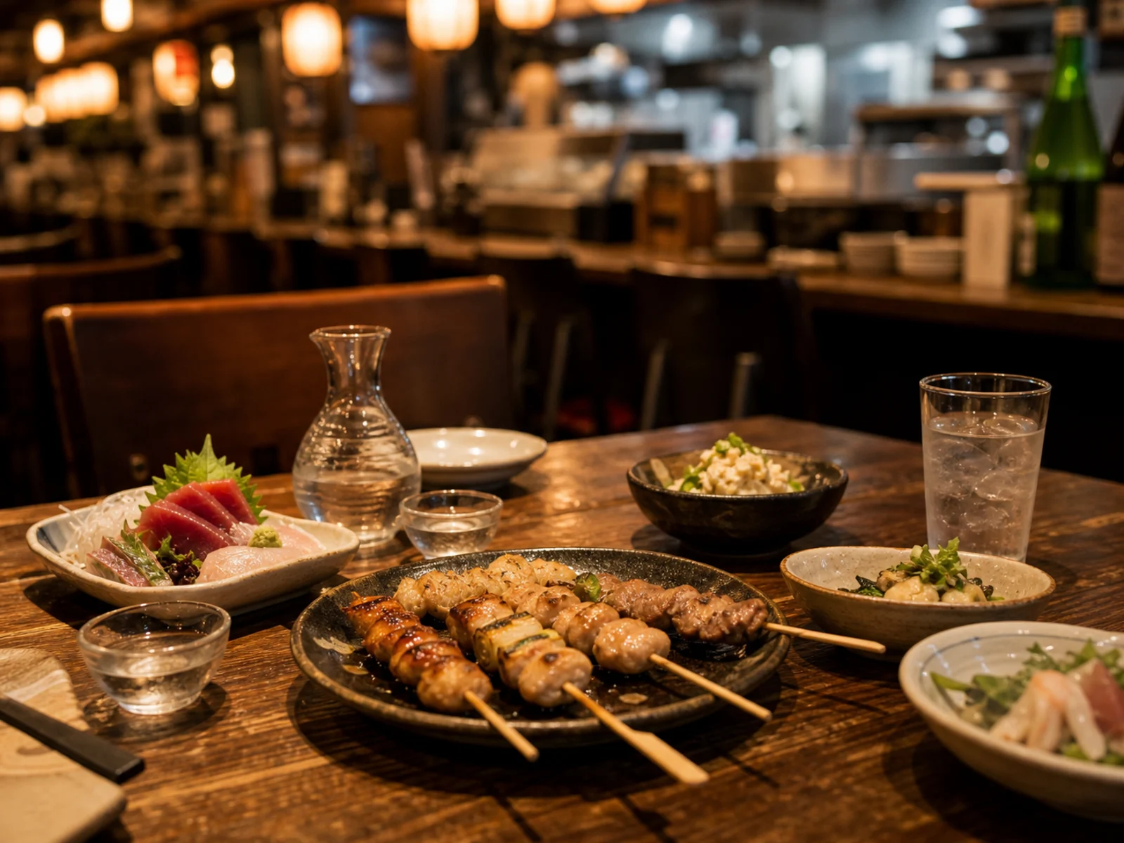 赤提灯が灯る居酒屋のカウンター、串焼きと日本酒